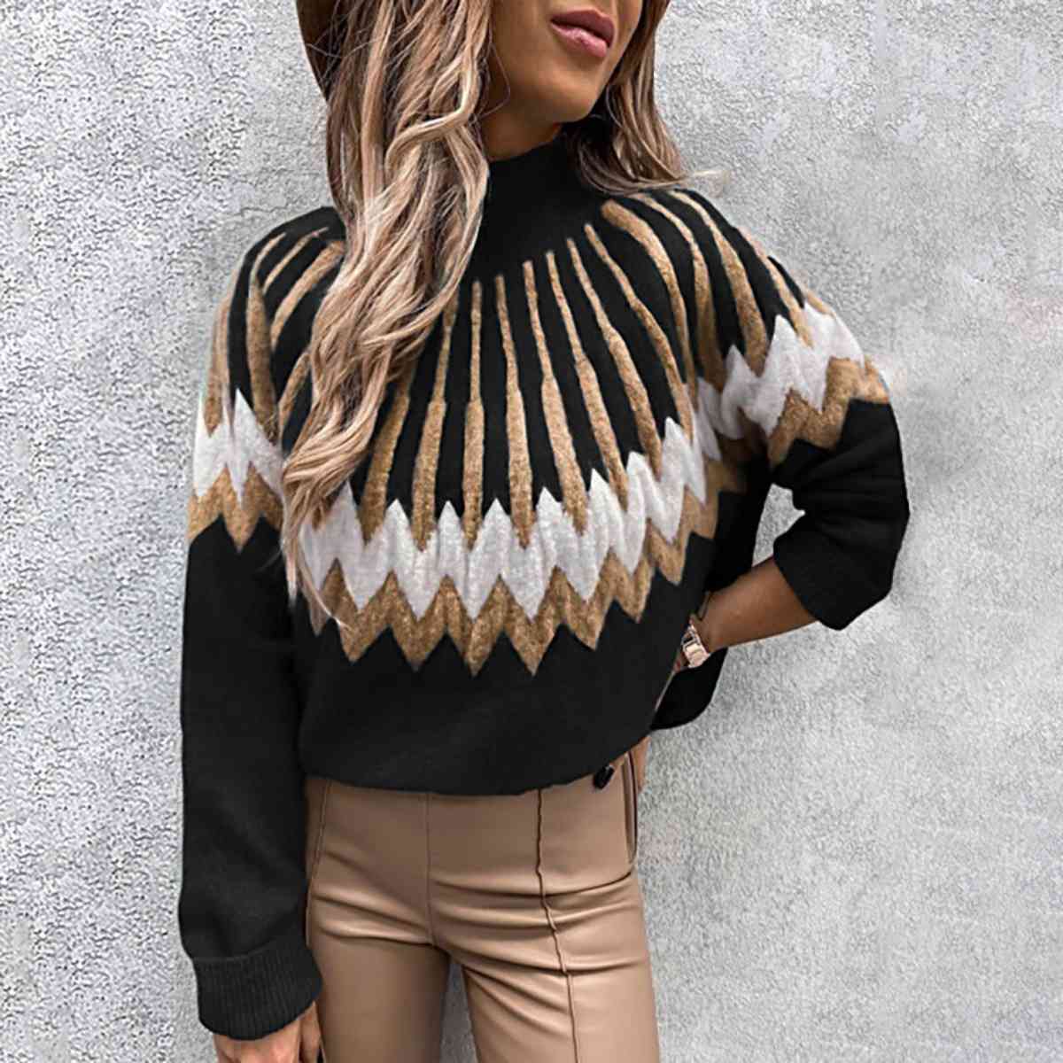 Mock Neck Long Sleeve Sweater | Patterned Sweater With Ribbed Cuffs And Neckline