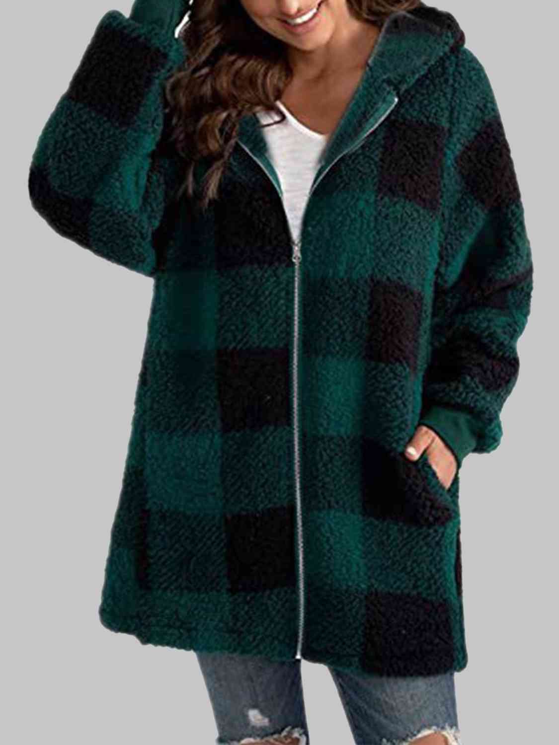 Plaid Zip-Up Hooded Jacket with Pockets | Warm Cozy Fuzzy Sherpa Jacket Shirt