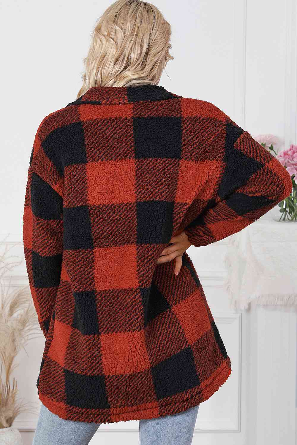 Plaid Button Down Coat with Pockets | Casual Woman's Collar Neck Polyester Coat