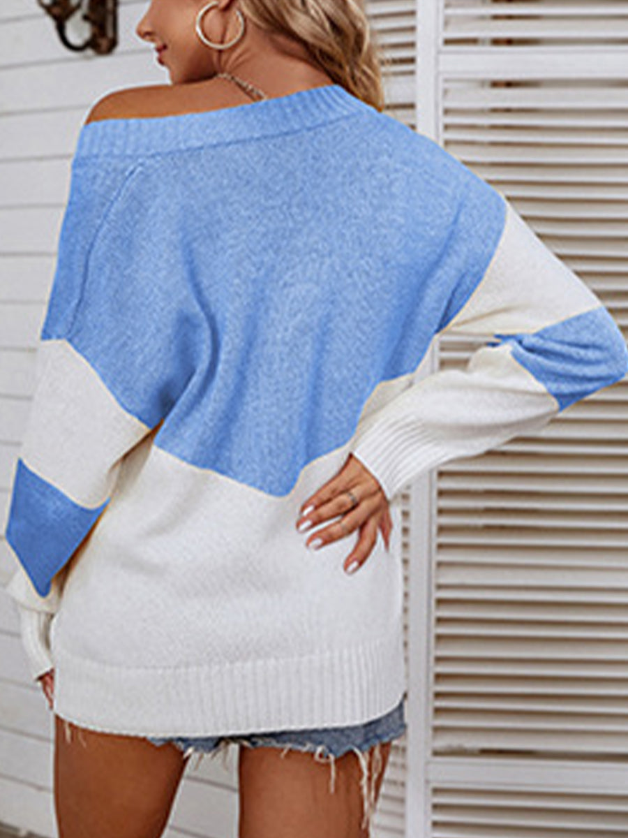 Color Block V-Neck Sweater | Casual Sweater With Ribbed Sleeves And Hem