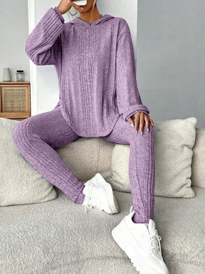 Round Neck Dropped Shoulder Hoodie and Pants Set