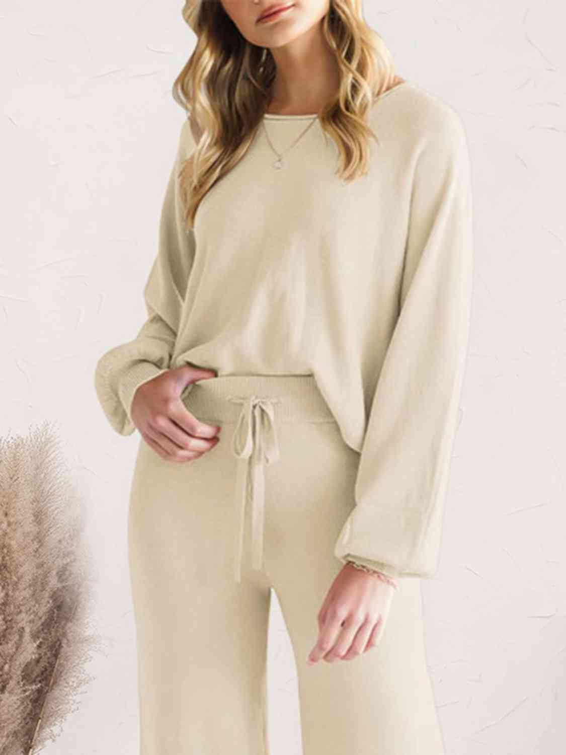 Long Sleeve Lounge Top and Drawstring Pants Set | Solid Acrylic Night Set