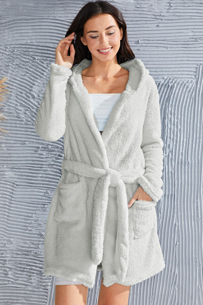Fuzzy Tied Pocketed Hooded Lounge Nightgown | Soft Solid Polyester Nightgown