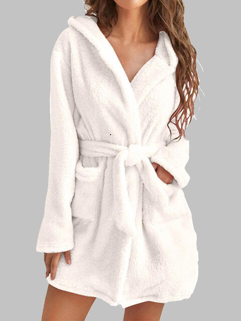 Tie Waist Hooded Robe | Soft Solid Stretched Polyester Robe With Pockets