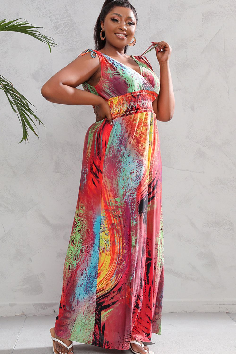 Plus Size Surplice Neck Smocked Waist Maxi Dress | Sleeveless Multicolored Dress