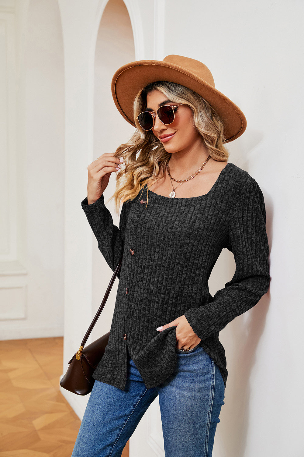 Decorative Button Slit Square Neck Top | Casual Ribbed Top With Long Sleeves