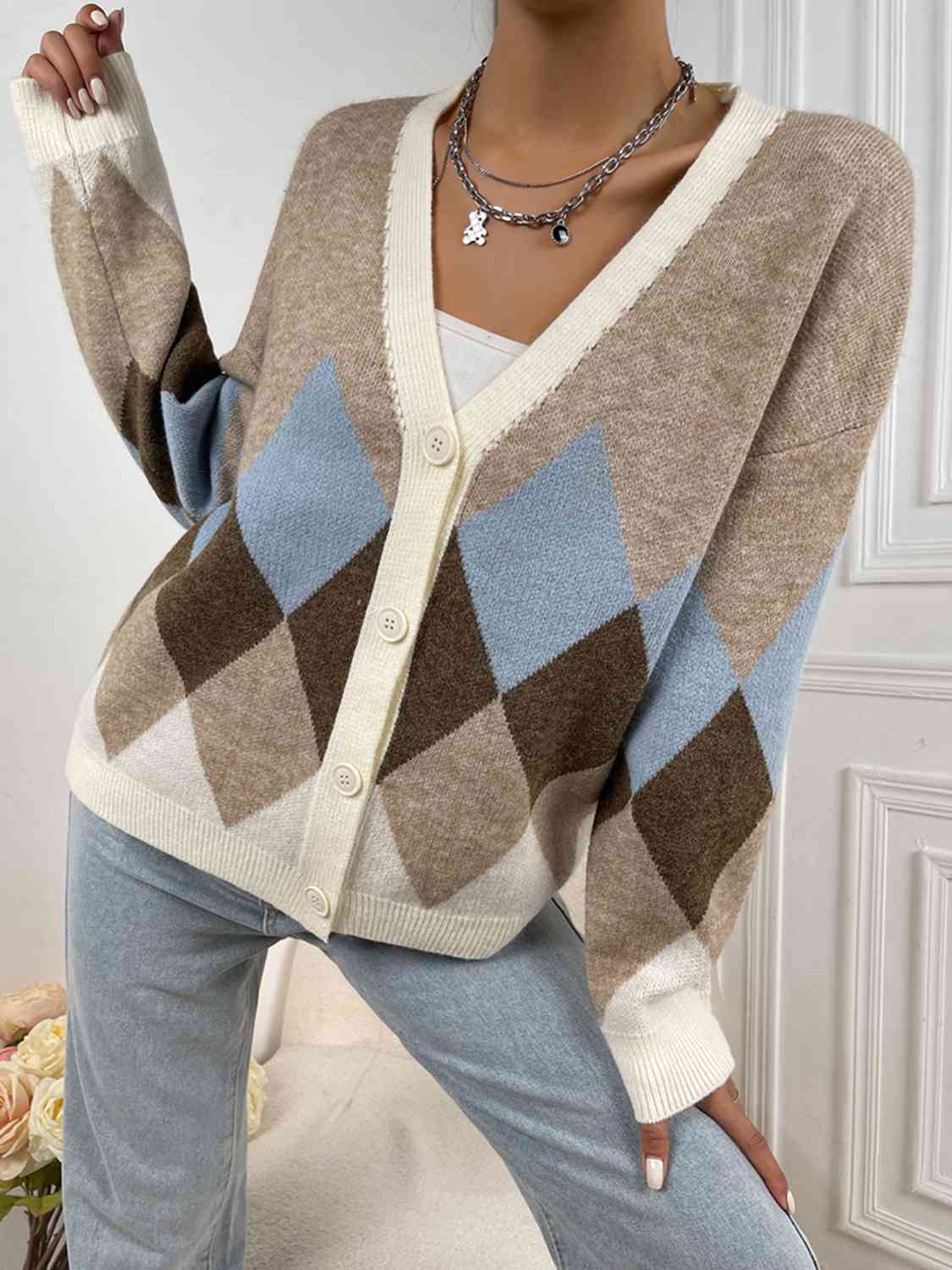 Geometric Button-Up V-Neck Dropped Shoulder Cardigan | Polyester Cardigan