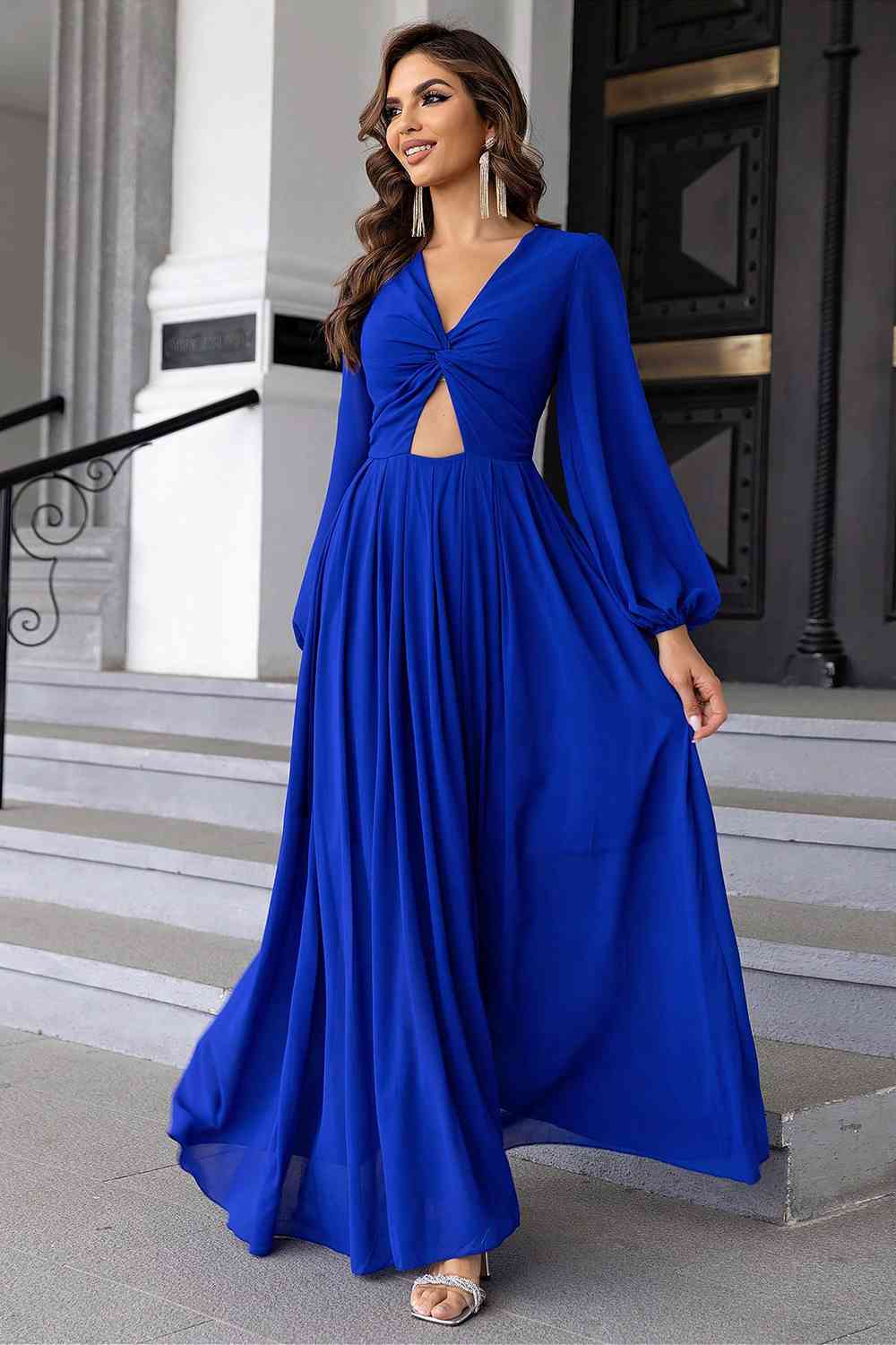 Twist Front Cutout Long Sleeve Dress | Formal Maxi Solid Polyester Dress