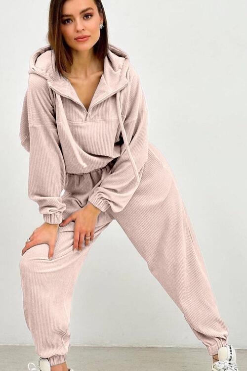 Half Zip Drawstring Hoodie and Pants Set | Polyester Set With Waistband Pants