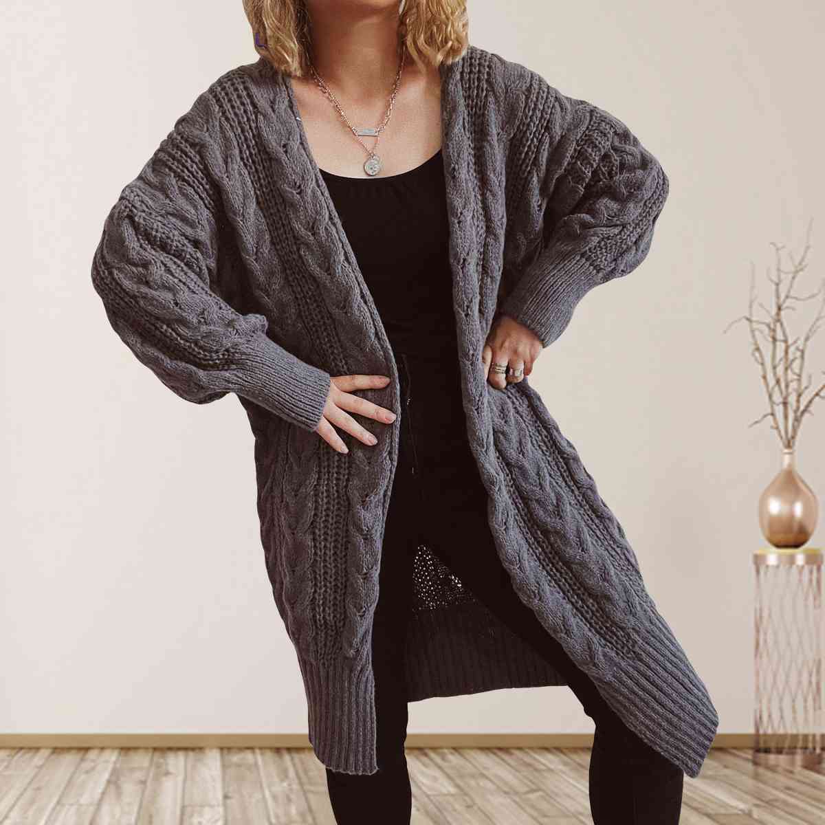 Cable-Knit Open Front Dropped Shoulder Cardigan | Warm Cardigan With Ribbed Hem