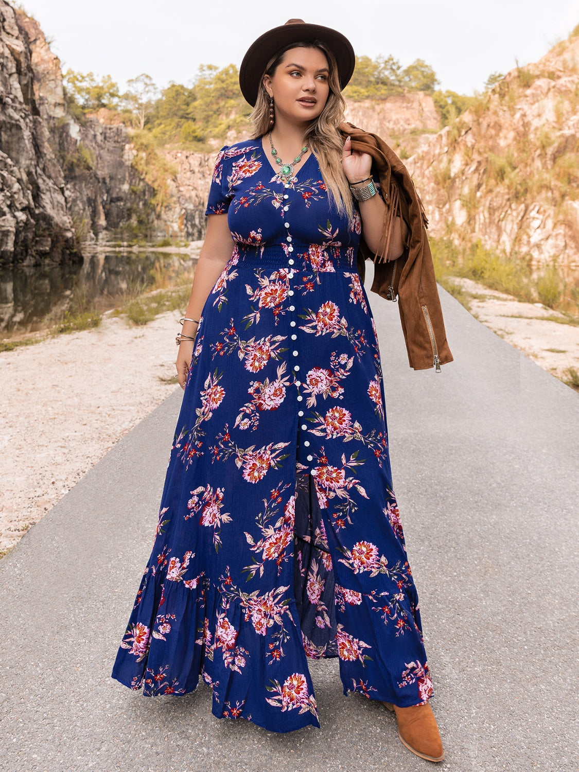 Plus Size V-Neck Maxi Dress | Casual Long Viscose Dress With Button Closure