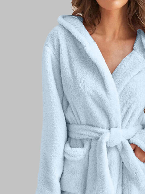 Tie Waist Hooded Robe | Soft Solid Stretched Polyester Robe With Pockets