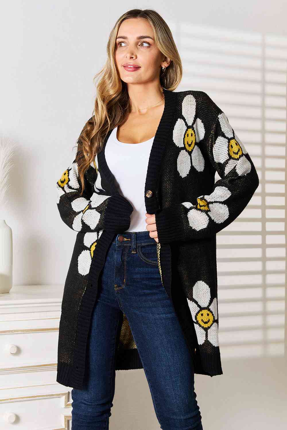 Double Take Floral Button Down Longline Cardigan | Casual Polyester Cardigan