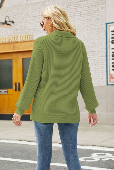 Ribbed Johnny Collar Pullover Sweater | Woman's Sweater With Cuffed Sleeves