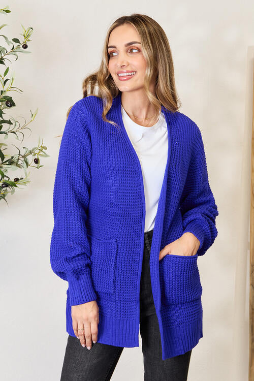 Zenana Full Size Waffle-Knit Open Front Cardigan | Acrylic Pocketed Cardigan