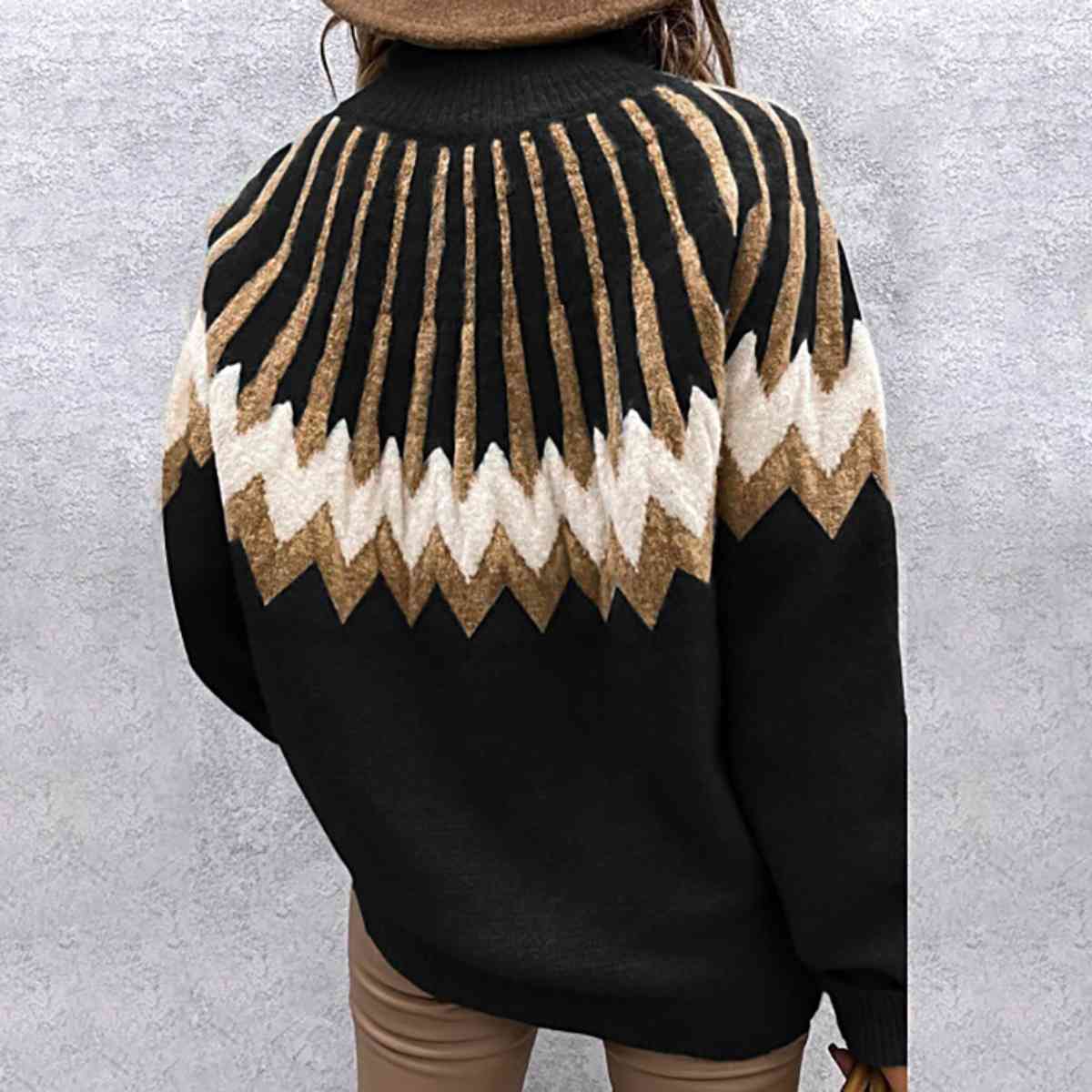 Mock Neck Long Sleeve Sweater | Patterned Sweater With Ribbed Cuffs And Neckline