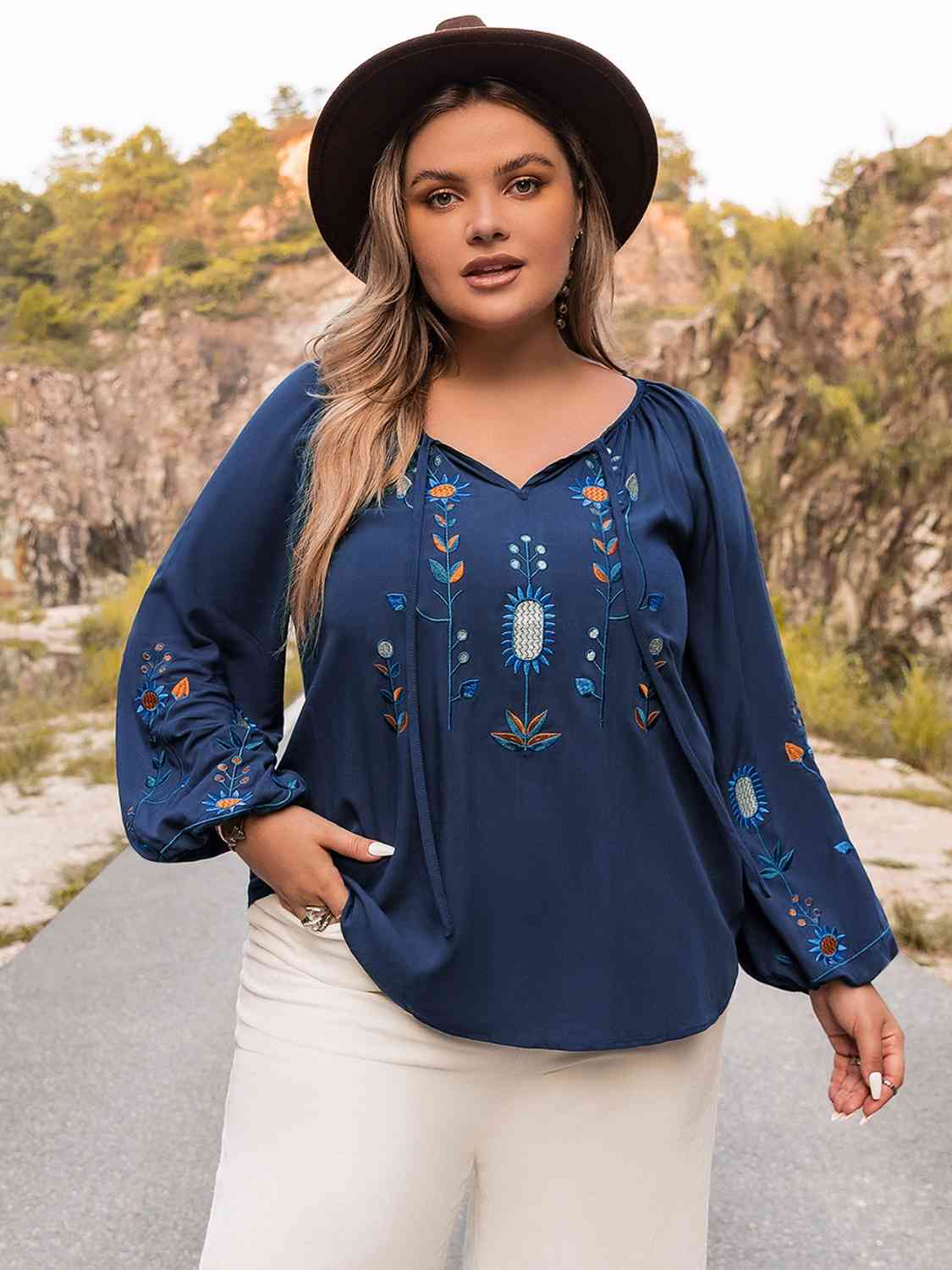 Plus Size Tie Neck Balloon Sleeve Top | Viscose Top With Embroidery