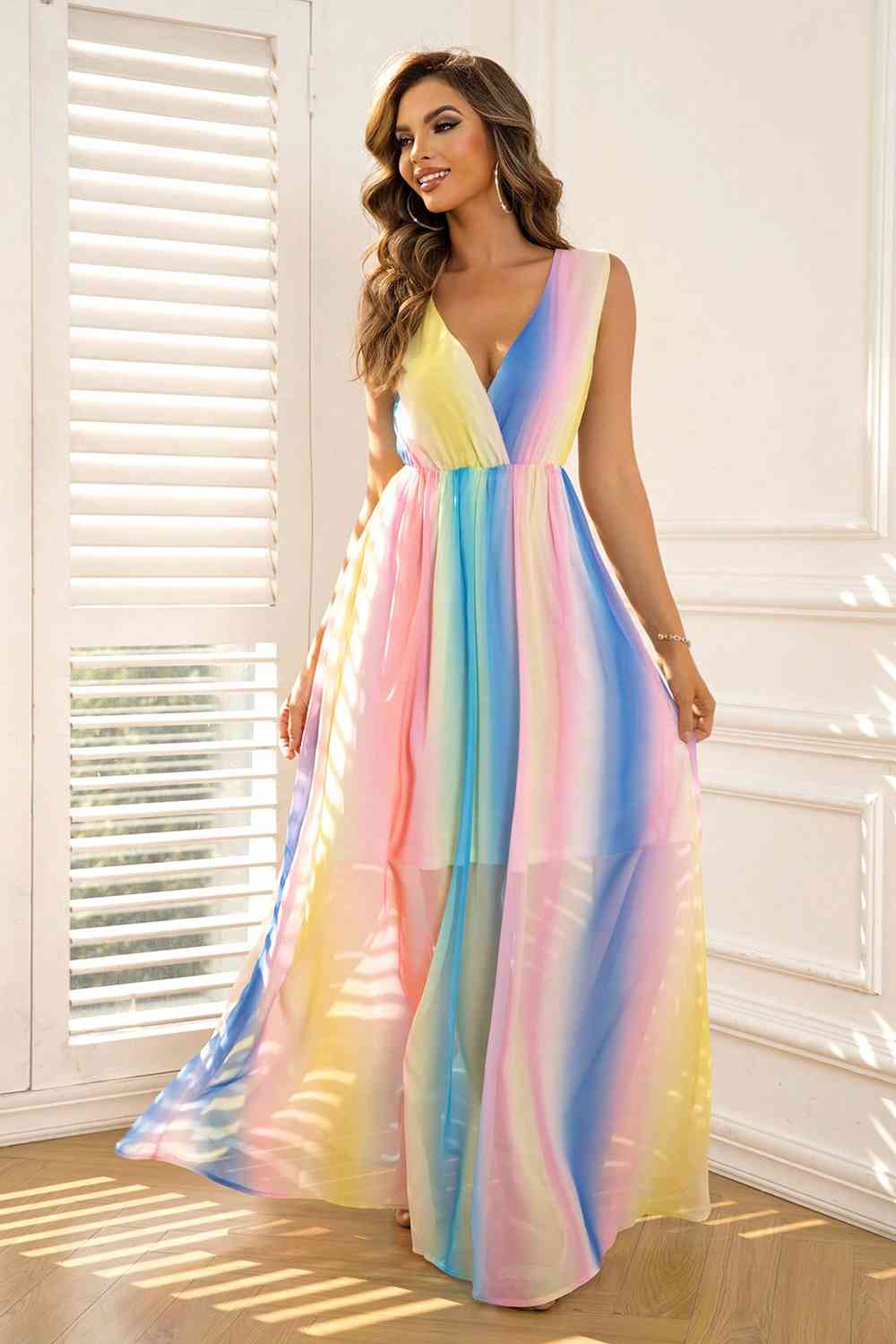 Surplice Neck Sleeveless Maxi Dress | Formal Prom Multicolor Polyester Dress