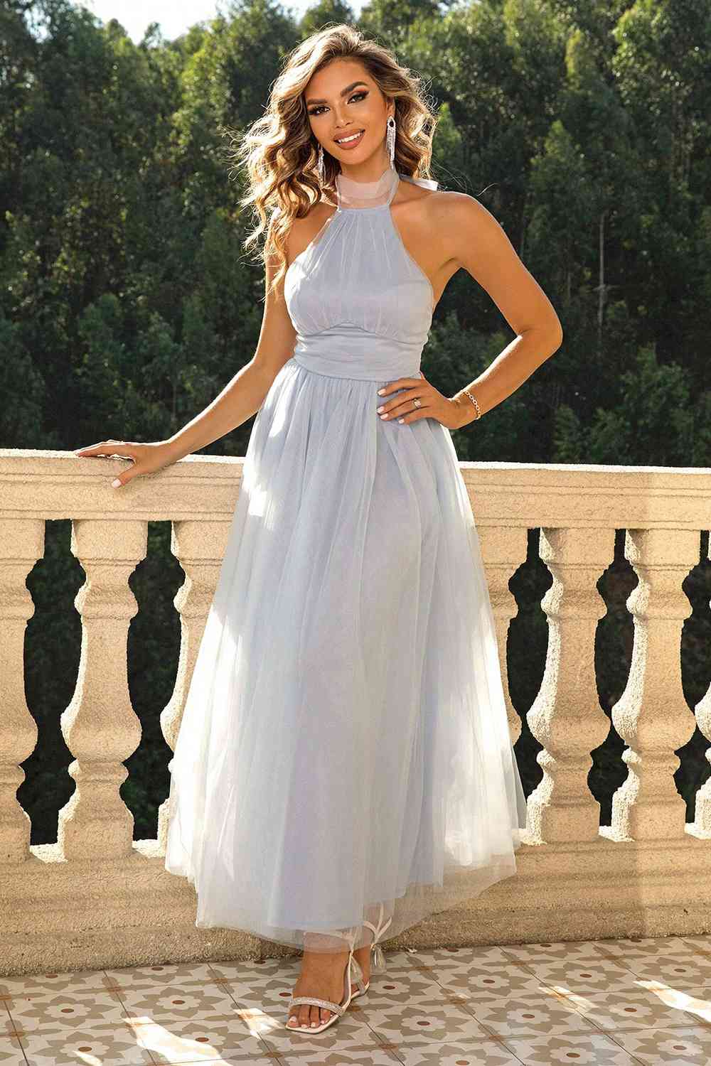 Halter Neck Backless Mesh Dress | Formal Maxi Sleeveless Prom A-Line Gown