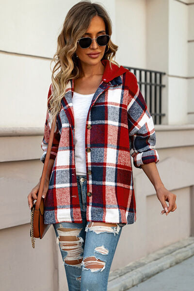 Button Up Plaid Hooded Jacket | Casual Polyester Modern Jacket With long Sleeves