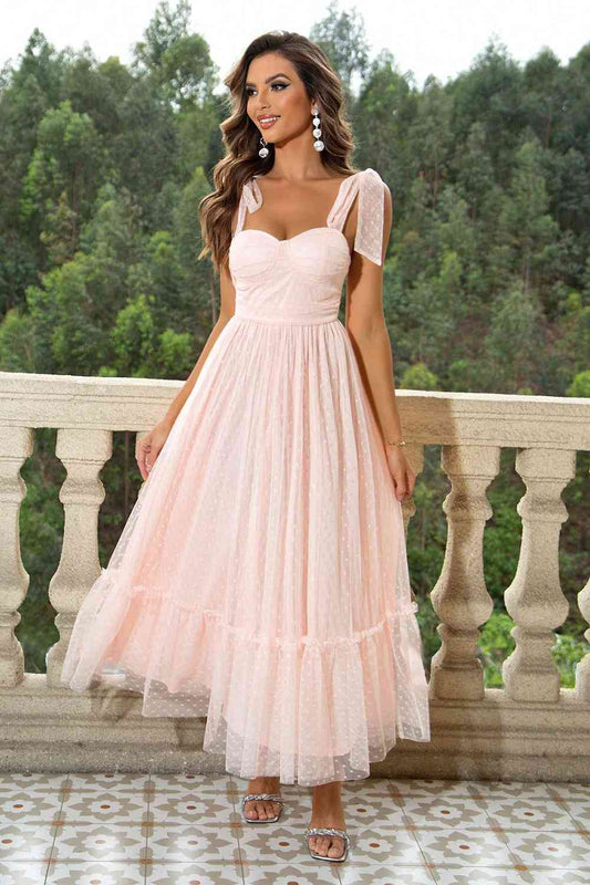 Tie-Shoulder Sweetheart Neck Dress | Formal Sleeveless A-Line Polyester Dress