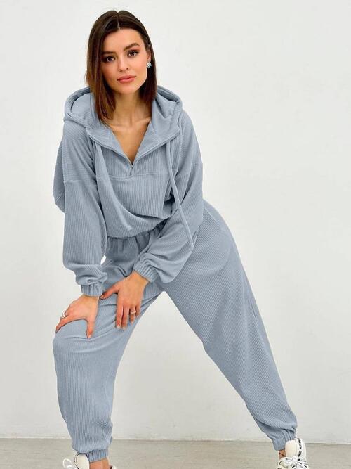 Half Zip Drawstring Hoodie and Pants Set | Polyester Set With Waistband Pants