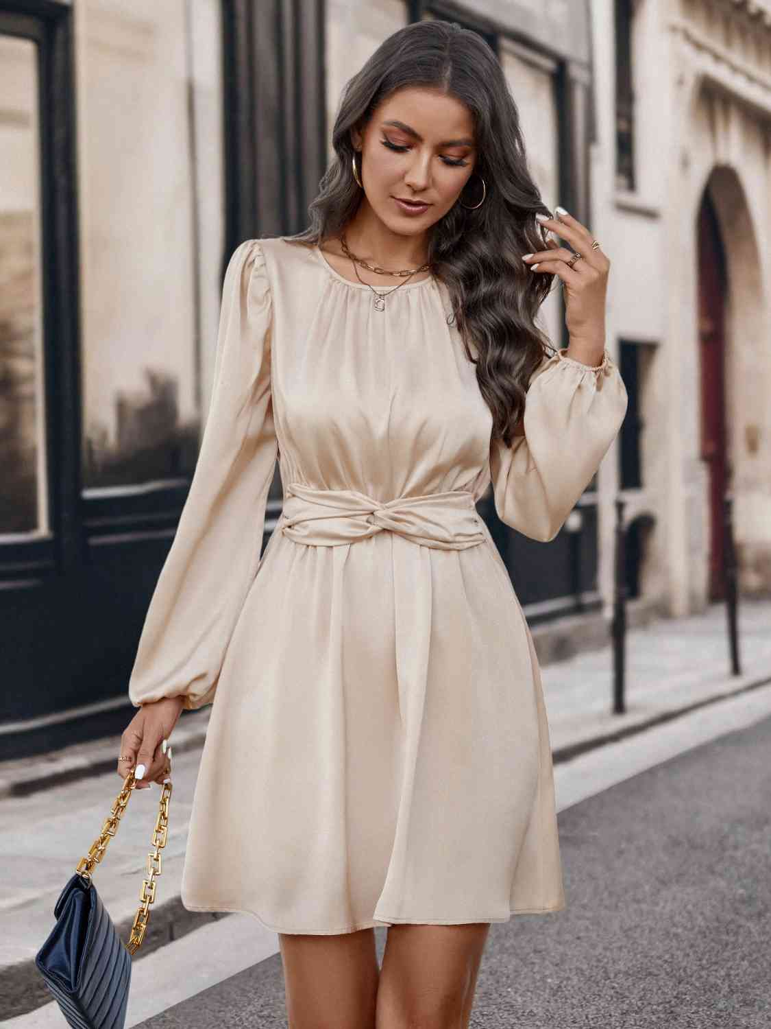 Twisted Round Neck Long Sleeve Dress | Twisted Round Neck Long Sleeve Dress | Mini Formal Polyester Dress With Zip