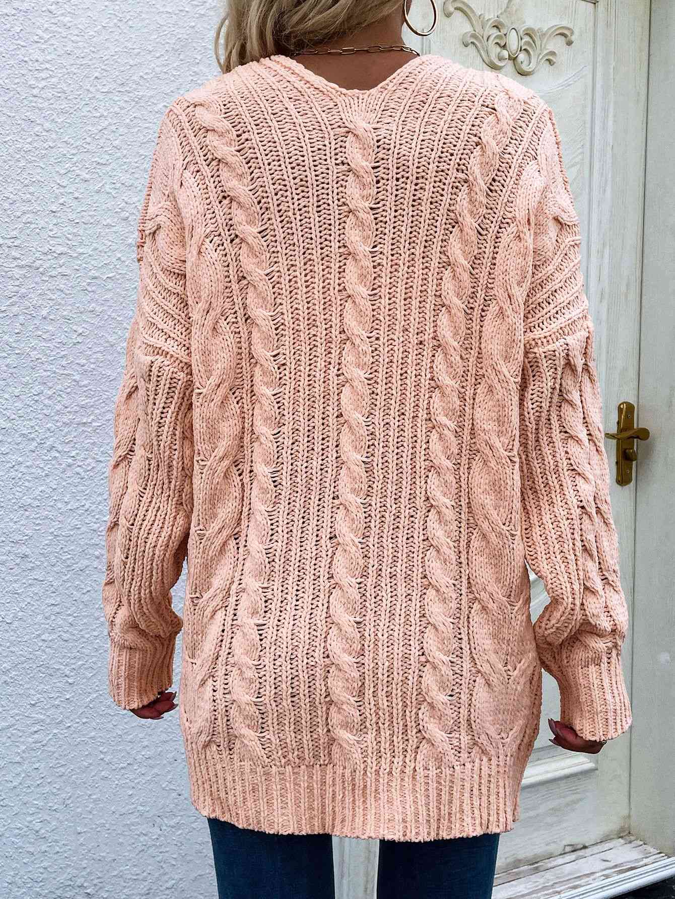 Woven Right Cable-Knit Open Front Cardigan with Front | Pockets Acrylic Cardigan