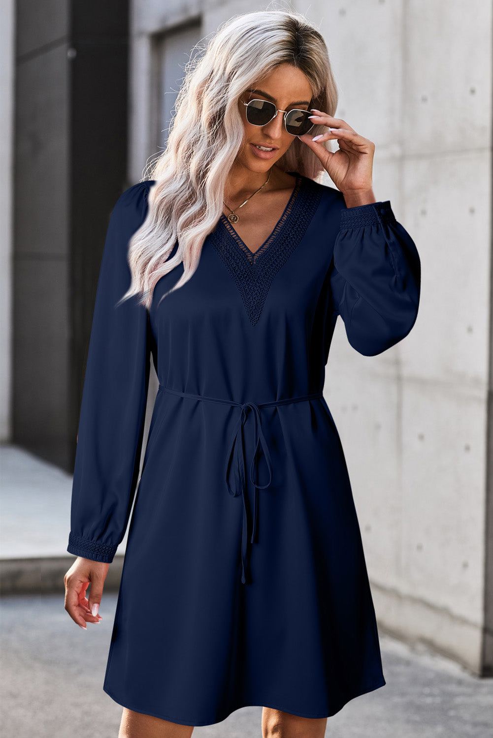 V-Neck Long Sleeve Mini Dress | Casual Sweet Lace V-neck Mini Cocktail Dress