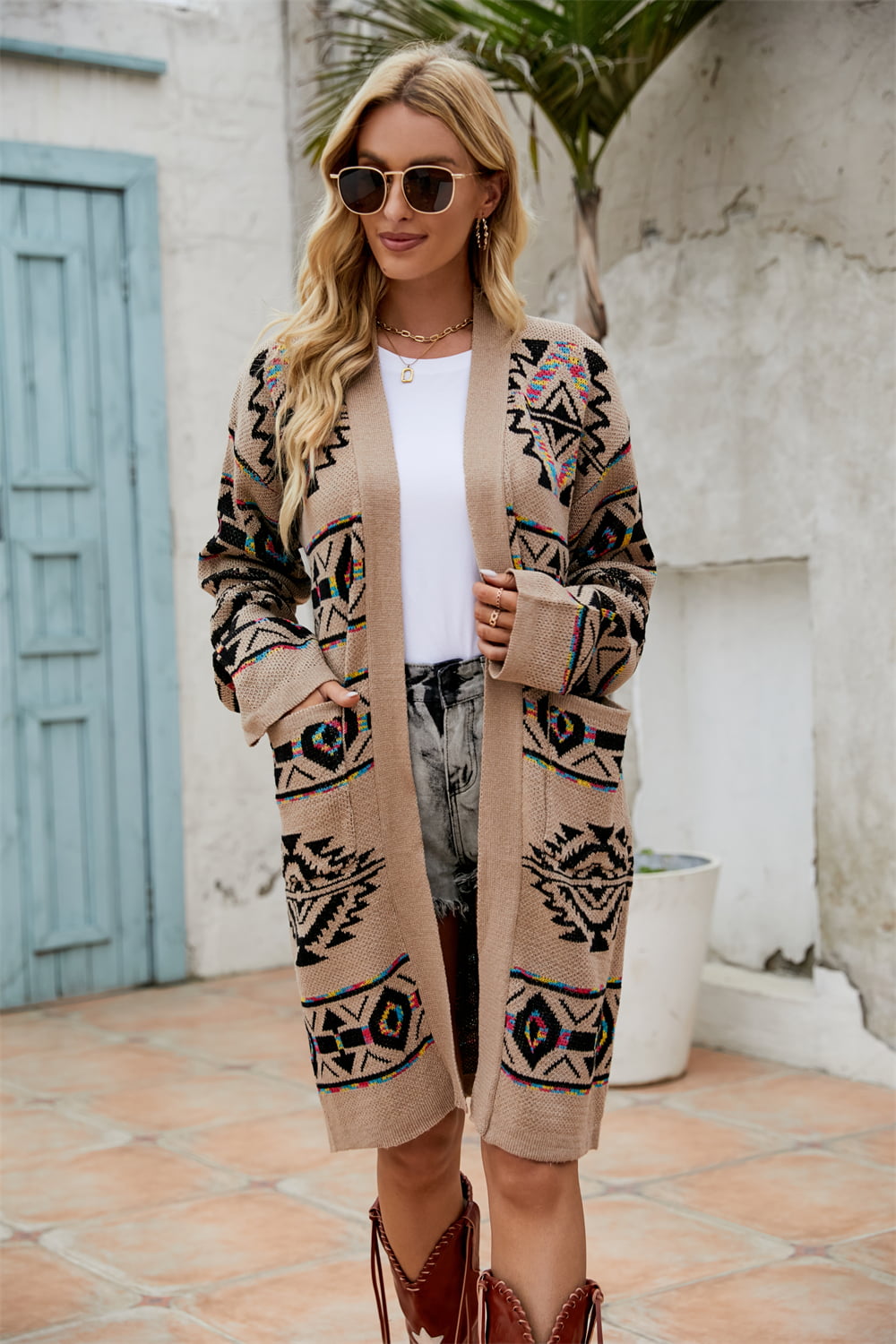 Printed Long Sleeve Cardigan with Pocket | Casual Acrylic Cardigan With Openwork