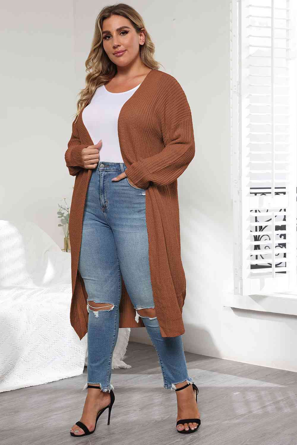 Plus Size Open Front Long Sleeve Cardigan | Casual Solid Long Acrylic Cardigan