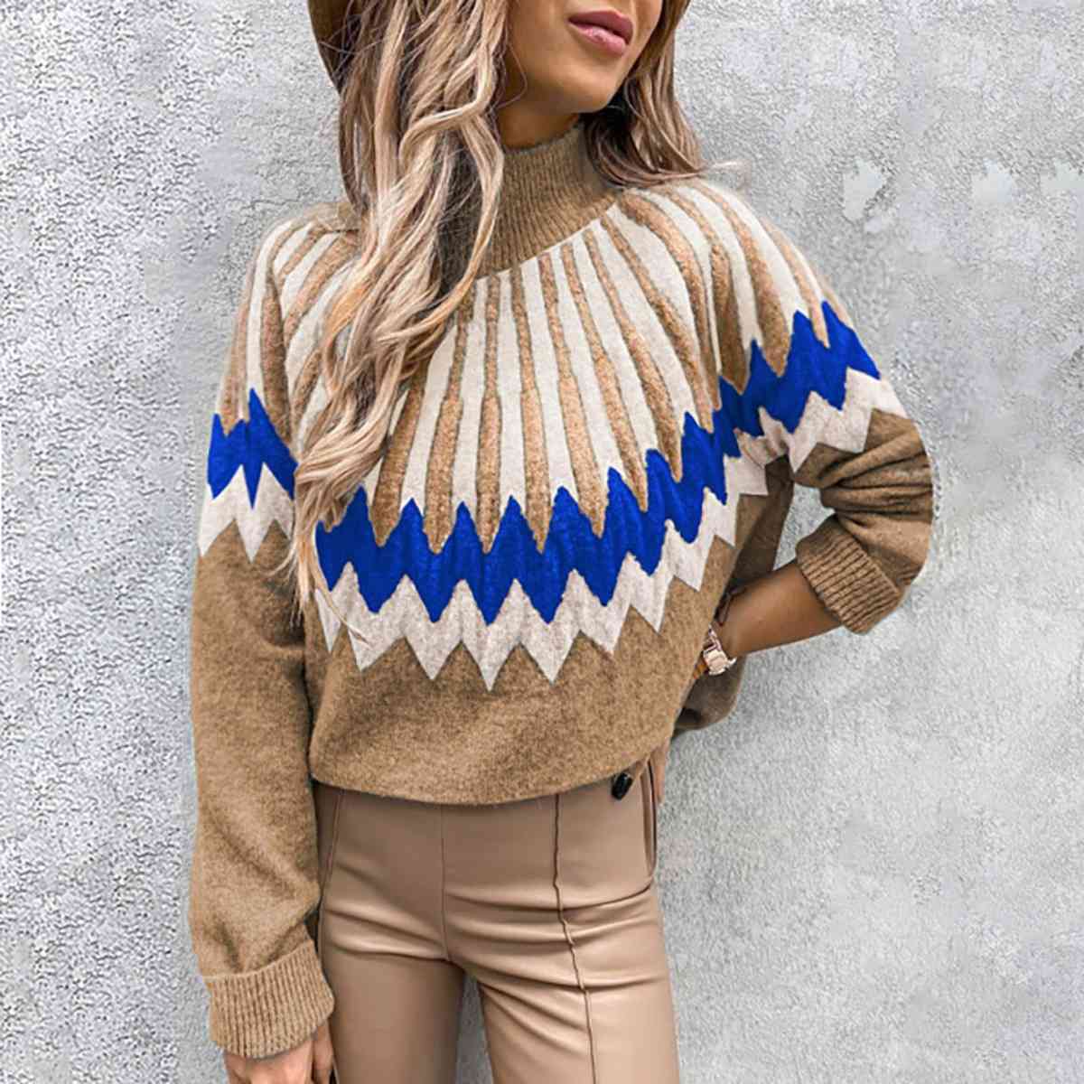 Mock Neck Long Sleeve Sweater | Patterned Sweater With Ribbed Cuffs And Neckline