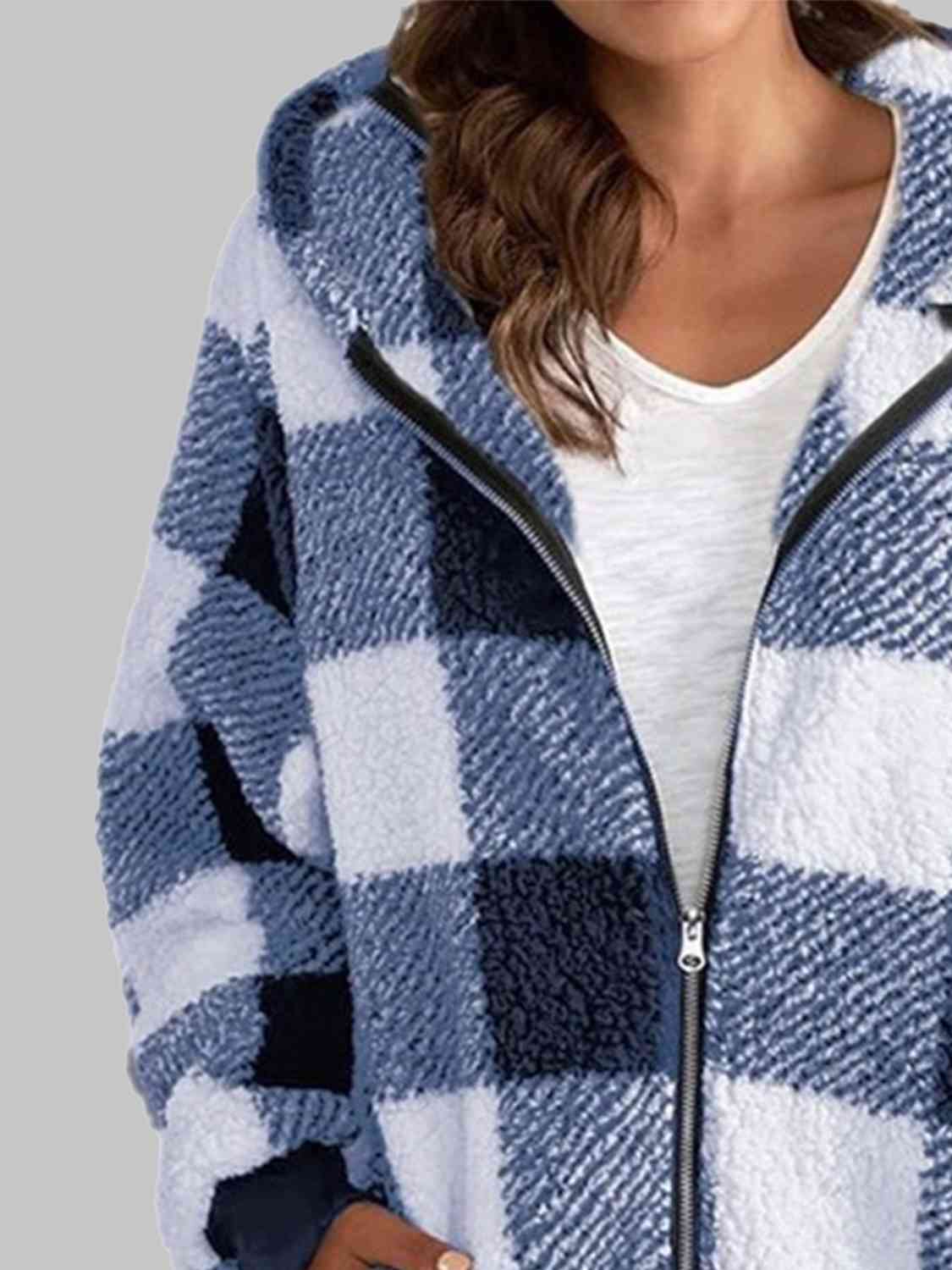 Plaid Zip-Up Hooded Jacket with Pockets | Warm Cozy Fuzzy Sherpa Jacket Shirt