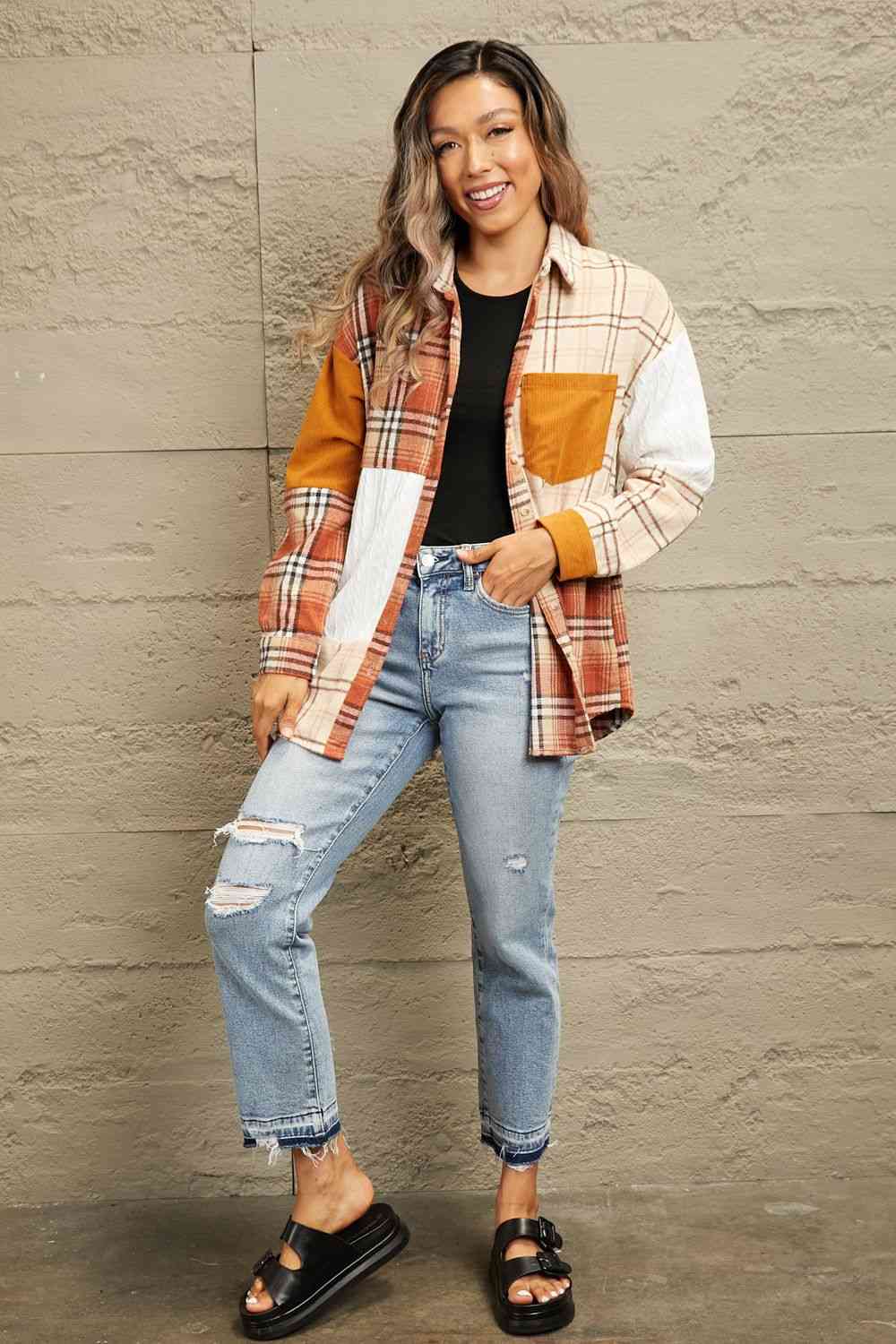 Double Take Plaid Color Block Dropped Shoulder Shacket | Pocketed Shacket