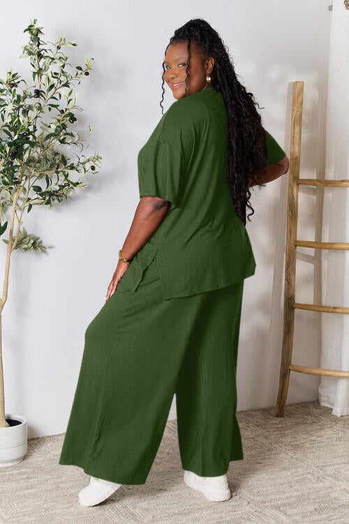 Double Take Full Size Round Neck Slit Top and Pants Set | Solid Stretchy Set