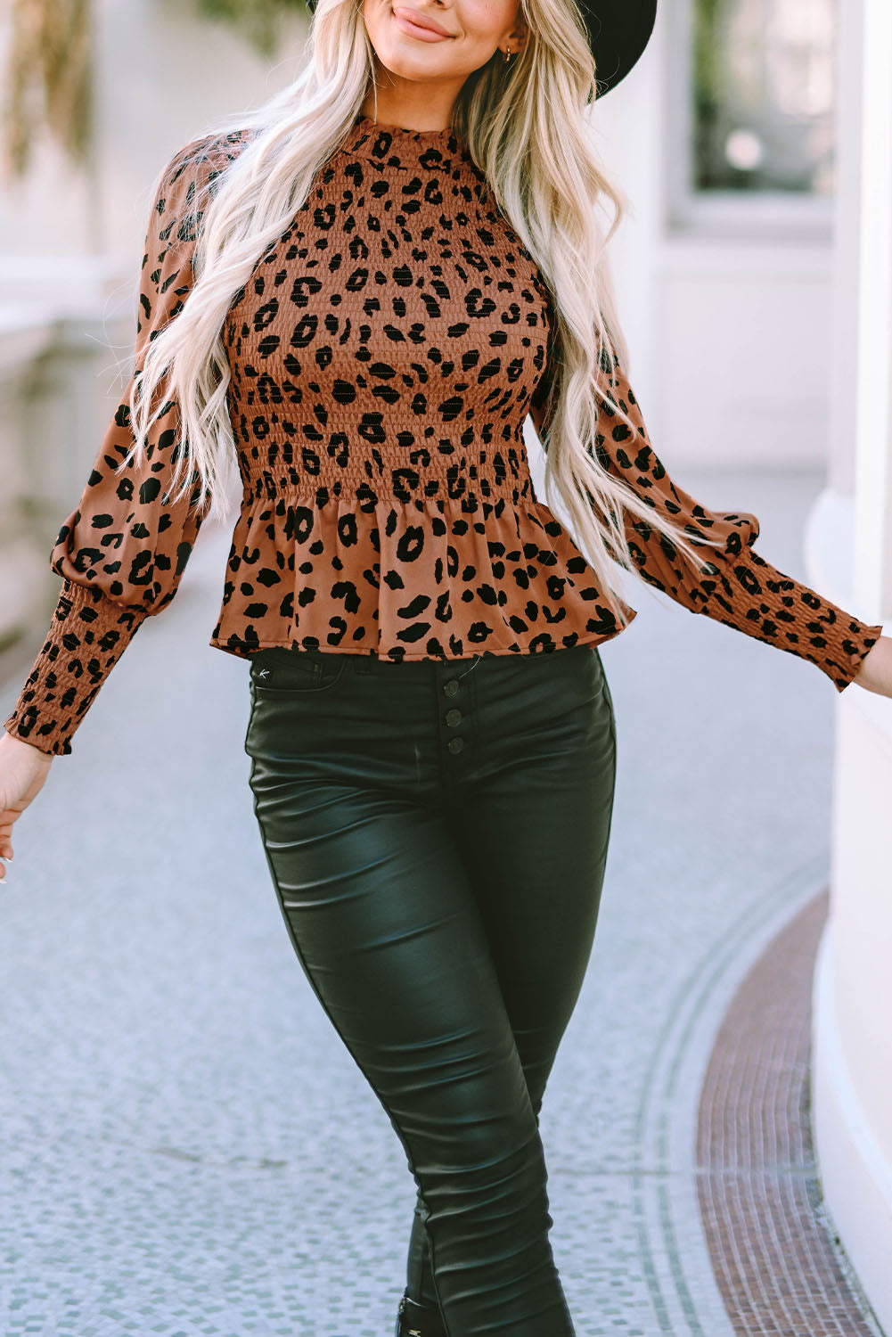 Leopard Smocked Peplum Top | Casual Printed Polyester Top With Mock Neckline