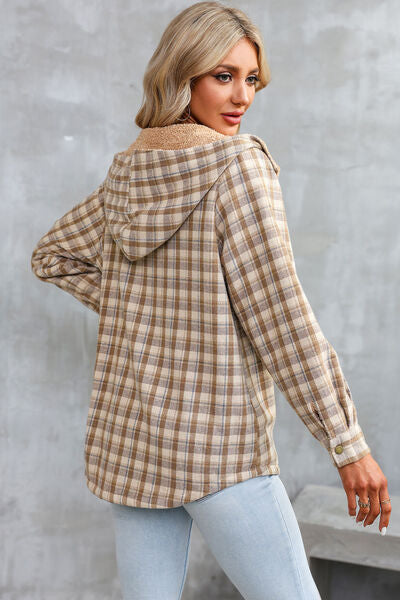 Plaid Snap Down Hooded Jacket | Casual Pocketed Jacket With Long Sleeves