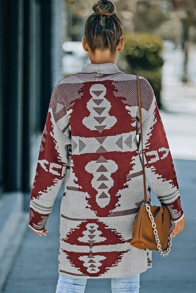 Geometric Open Front Pocketed Cardigan | Acrylic Cardigan With Single Button
