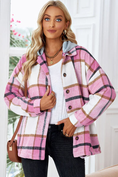 Button Up Plaid Hooded Jacket | Casual Polyester Modern Jacket With long Sleeves