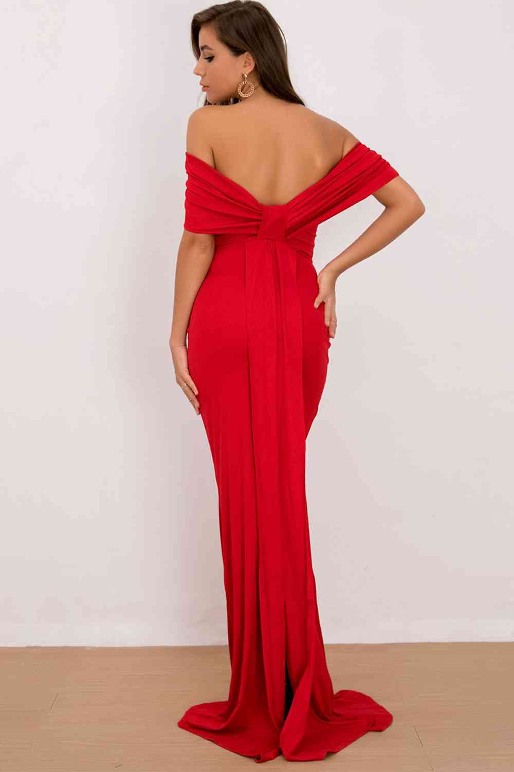 Off-Shoulder Floor Length Dress | Sheath Maxi Formal Solid Polyester Gown