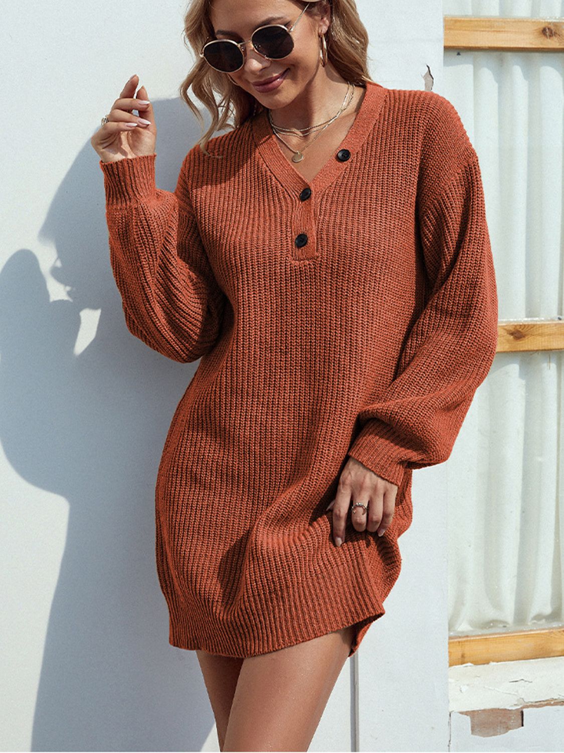 Buttoned V-Neck Sweater Dress | Casual Buttoned Ribbed Dress With long Sleeves