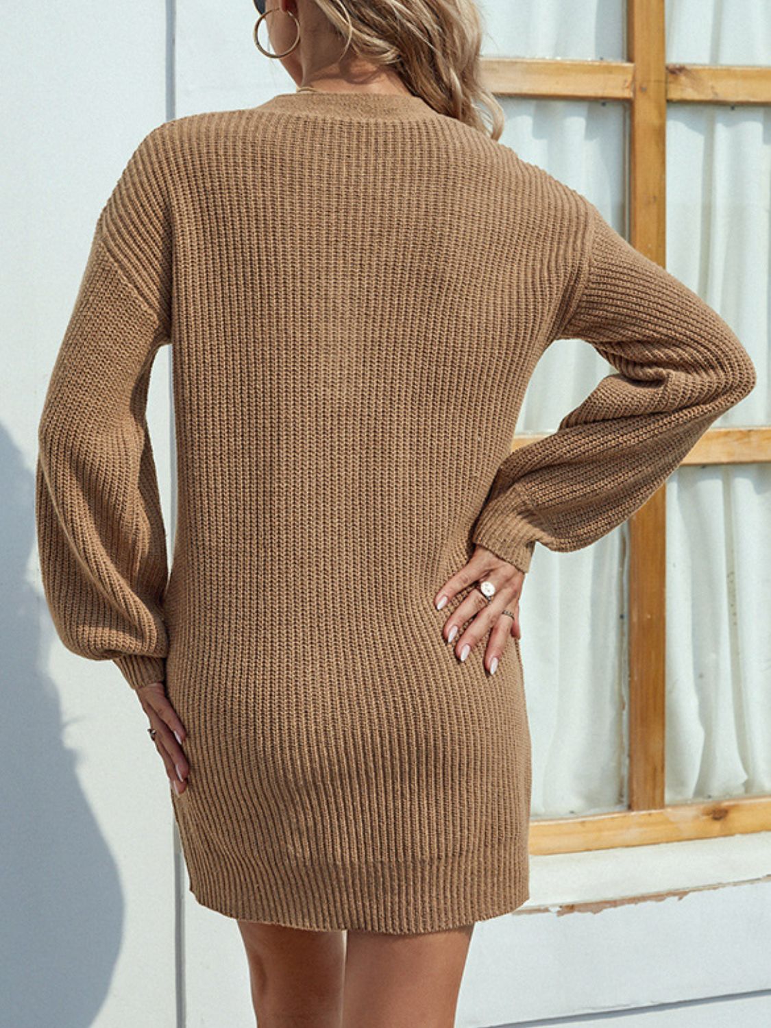 Buttoned V-Neck Sweater Dress | Casual Buttoned Ribbed Dress With long Sleeves