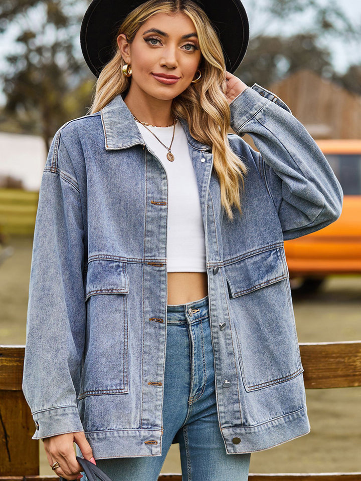 Dropped Shoulder Denim Jacket | Casual Jacket With Collar Neck & Button Closure