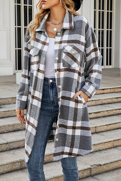 Plaid Button Up Collared Neck Coat with Pockets | Long Sleeves Polyester Coat