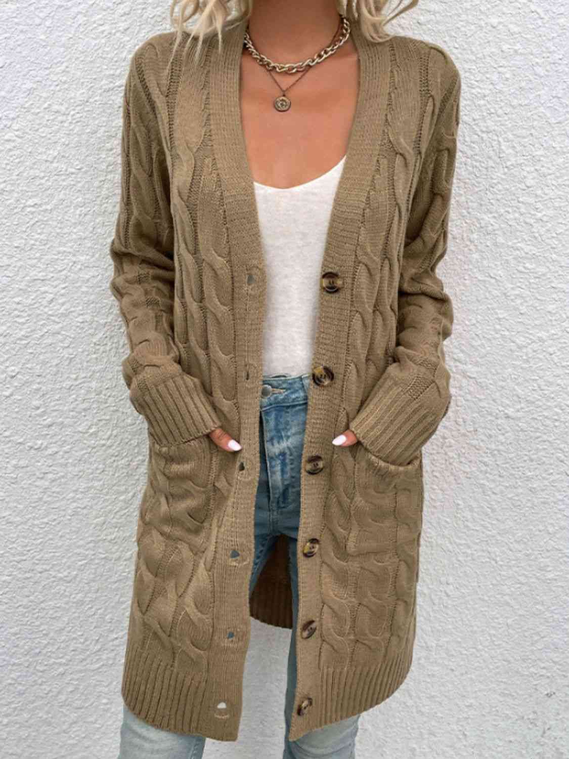 Cable-Knit Button Down Cardigan with Pockets | Cardigan With Ribbed Details