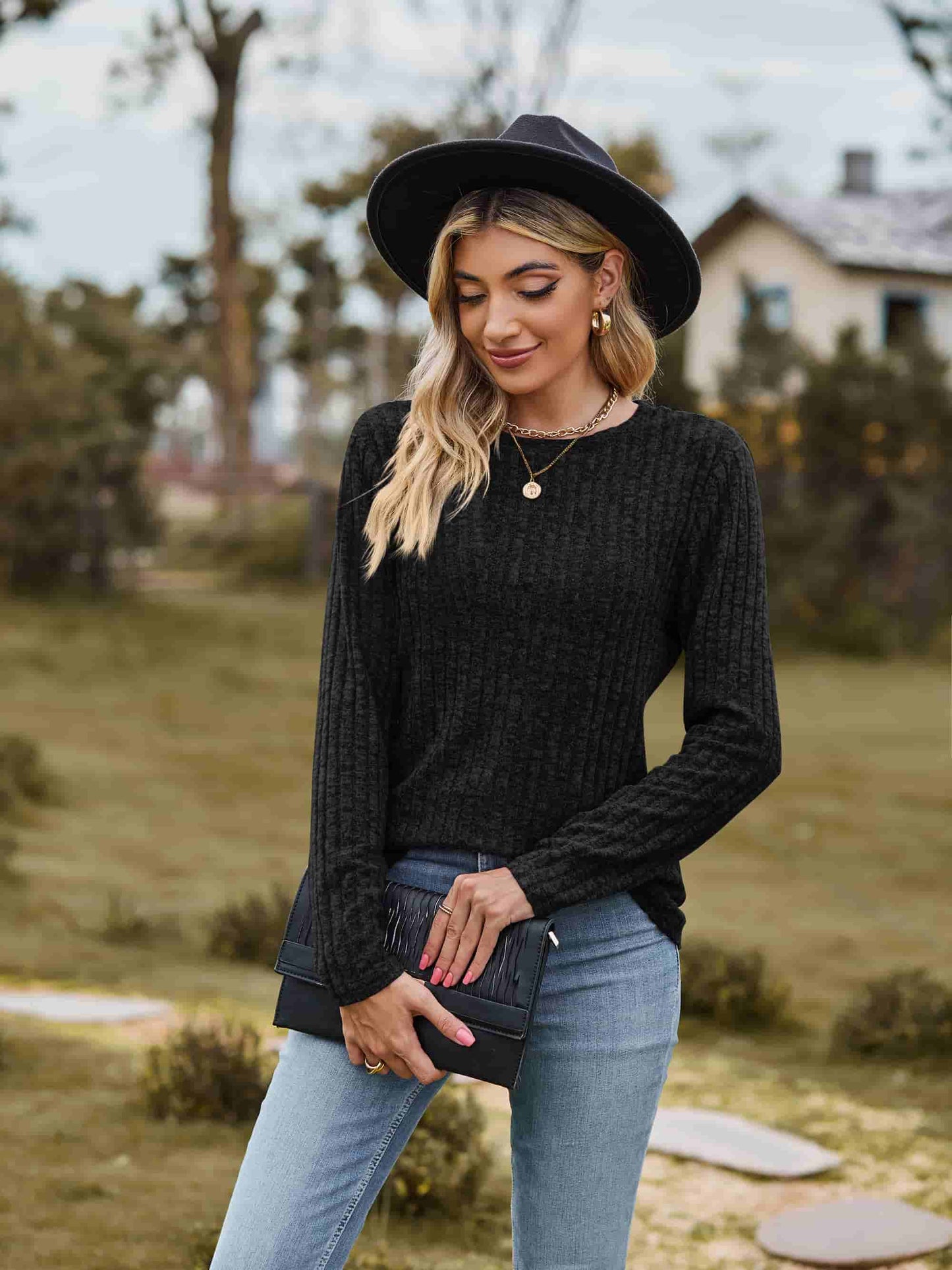 Ribbed Round Neck Long Sleeve Tee | Casual Heathered Solid Polyester Top