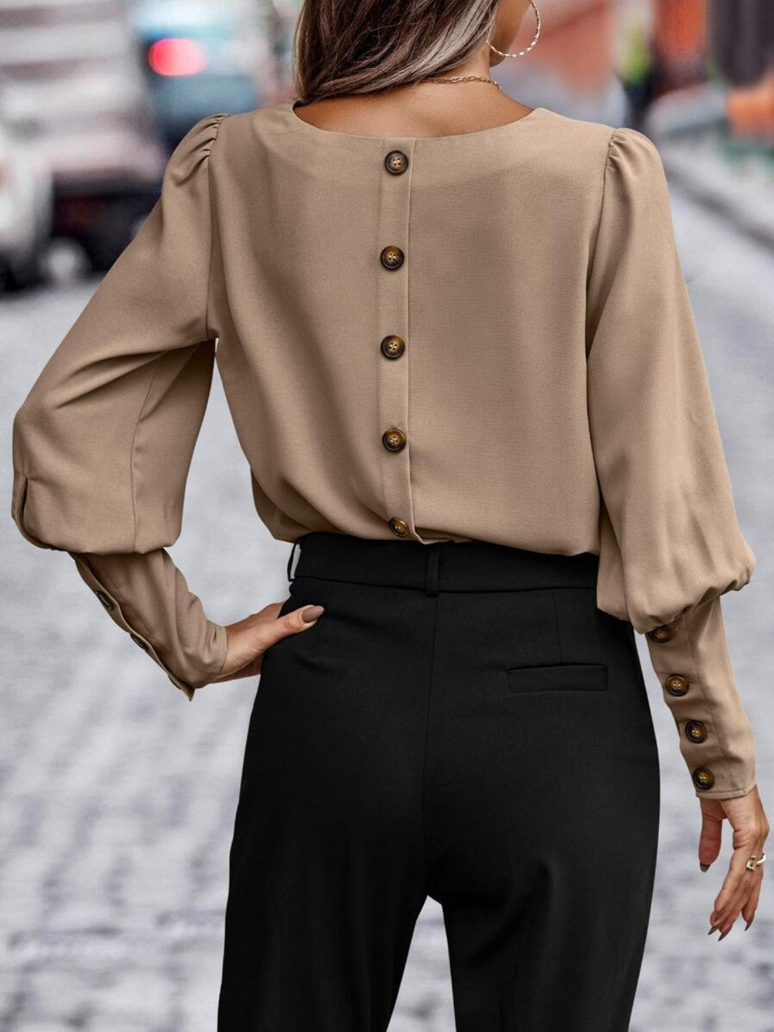 Round Neck Lantern Sleeve Blouse | Solid Polyester Blouse With Button Accents