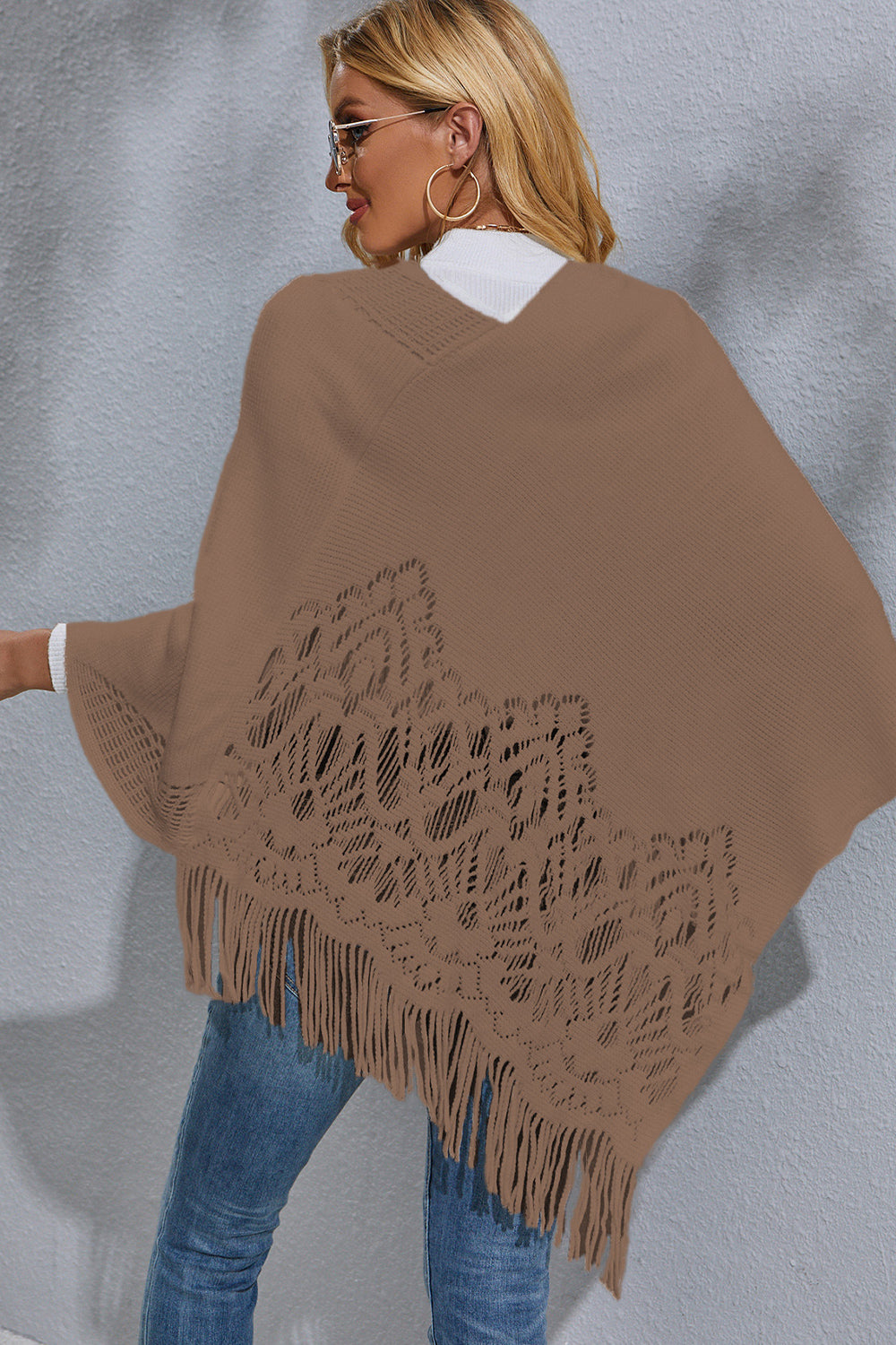 Round Neck Fringe Detail Poncho | Solid Acrylic Poncho With Long Sleeves