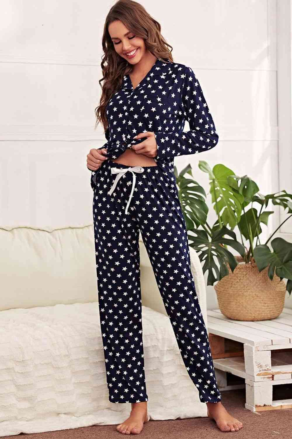 Star Print Button-Up Shirt and Pants Lounge Set | Polyester Stretchy Set