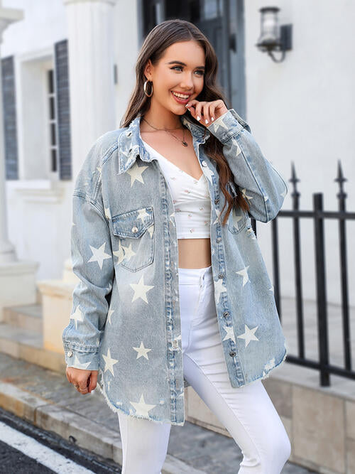 Star Denim Jacket with Pockets | Casual Jacket With Button Closure & Collar Neck